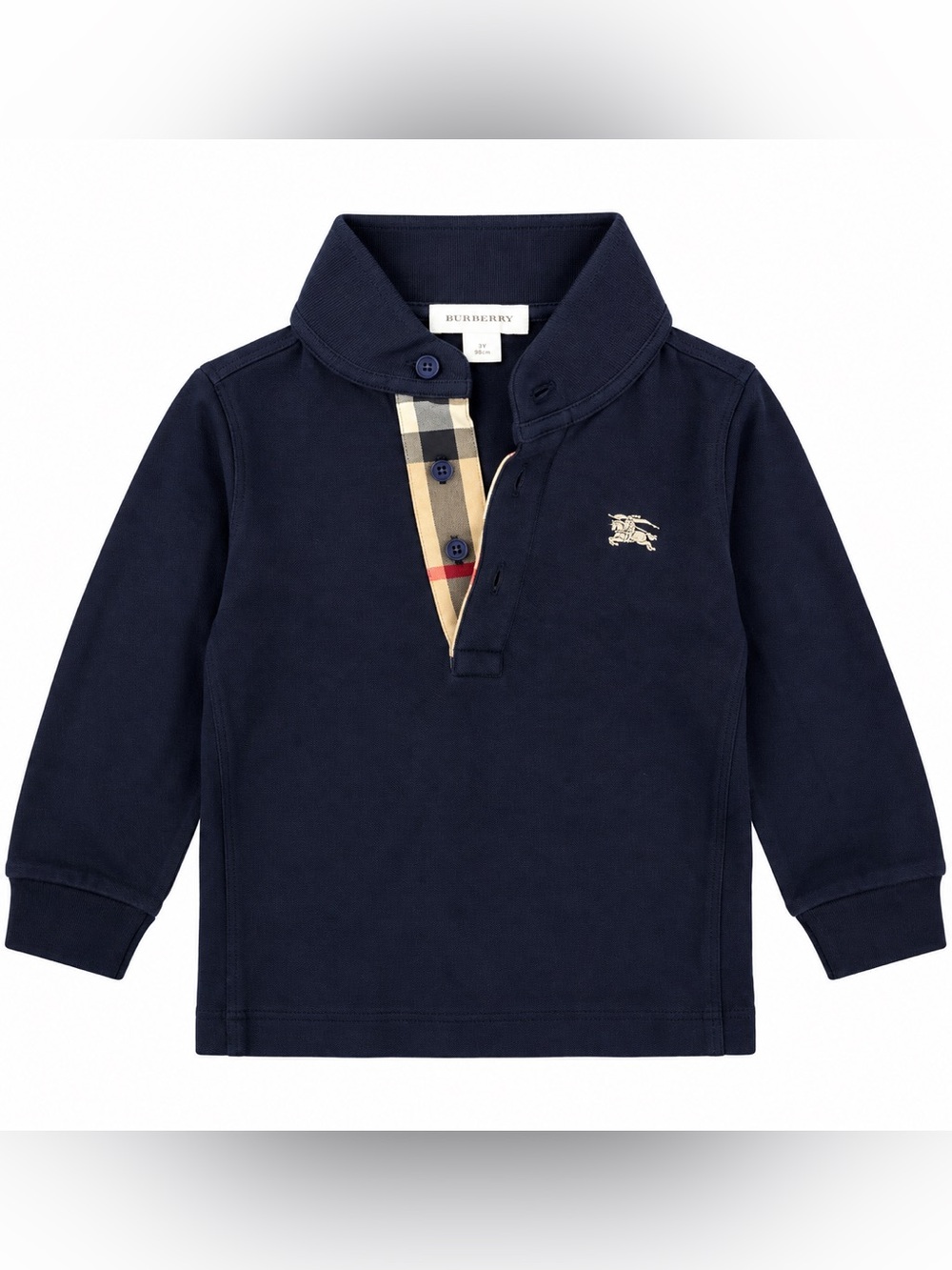 Burberry Navy Long Sleeve Polo with Signature Check Placket